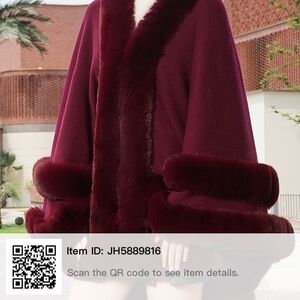 Elegant Burgundy Faux Fur-Trimmed Cape